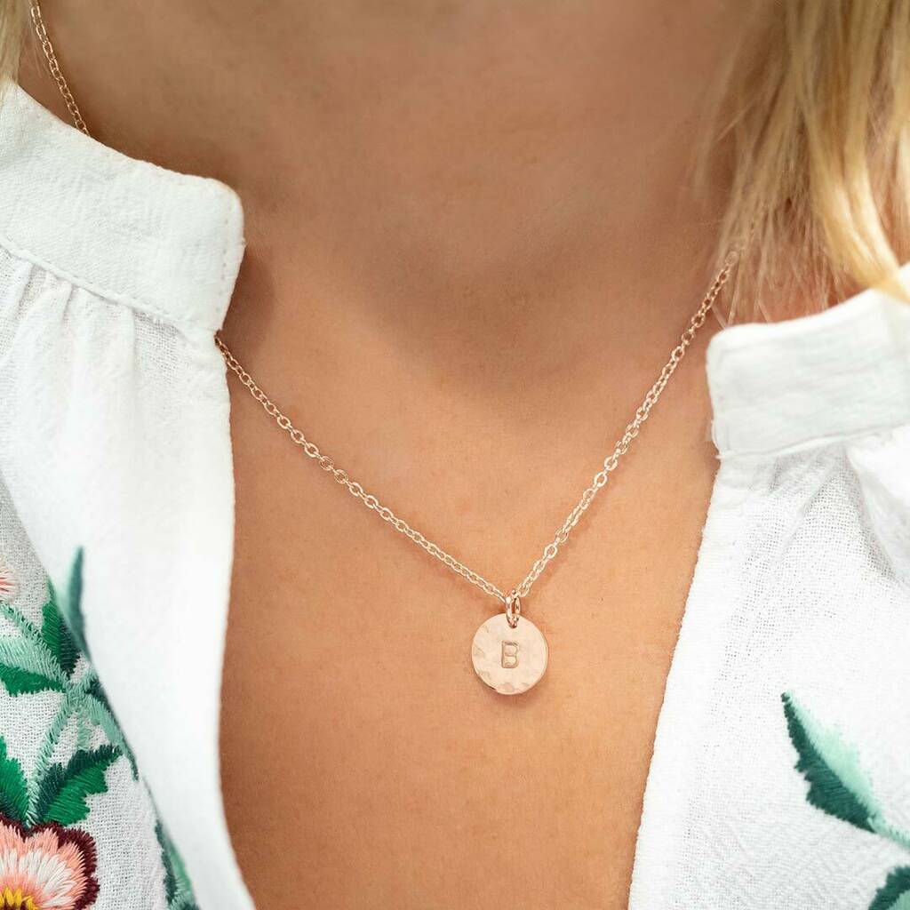 Rose Gold Disc Necklace Personalised With Hand Stamped Initial