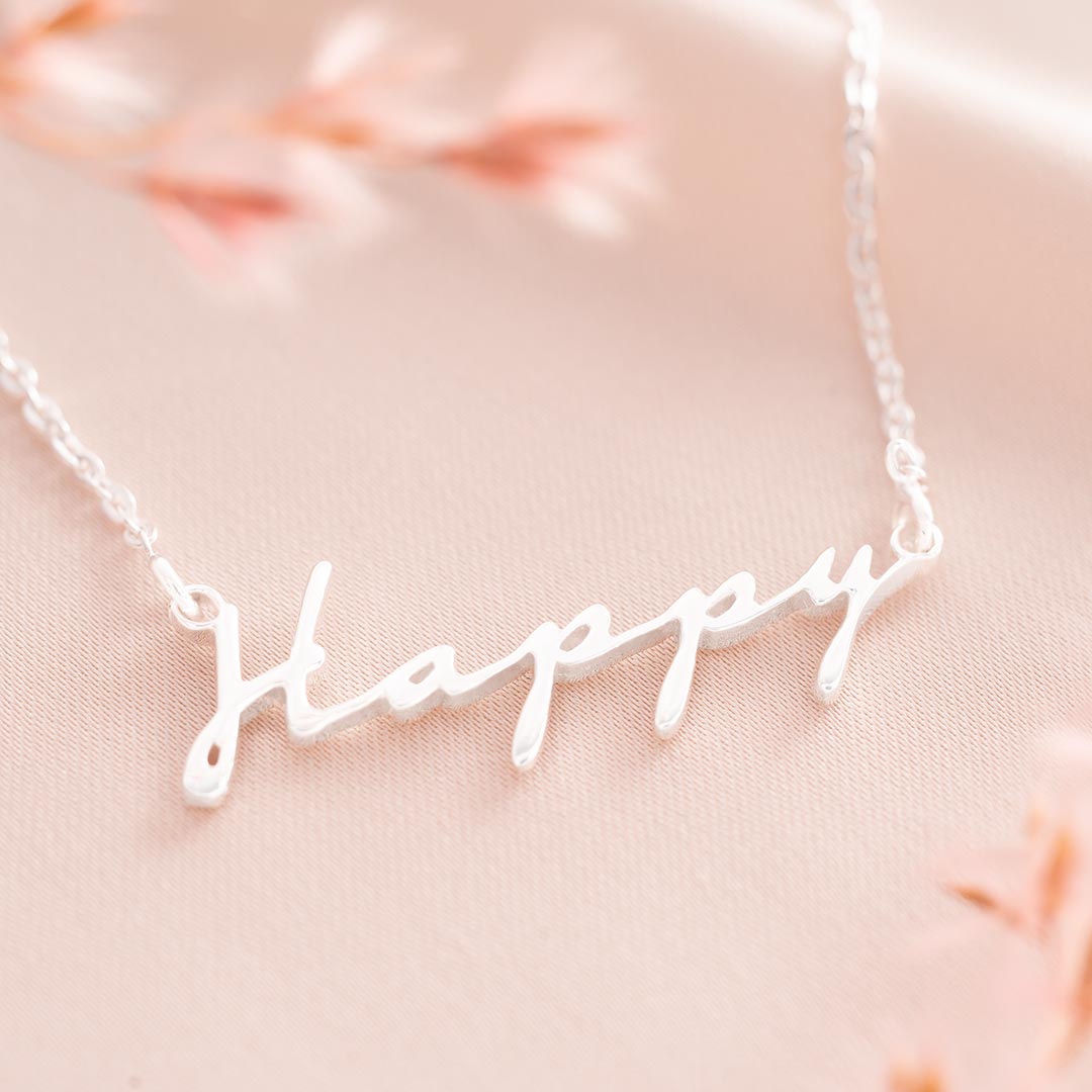 Sterling Silver Script "Happy" Pendant Necklace on Trace Chain