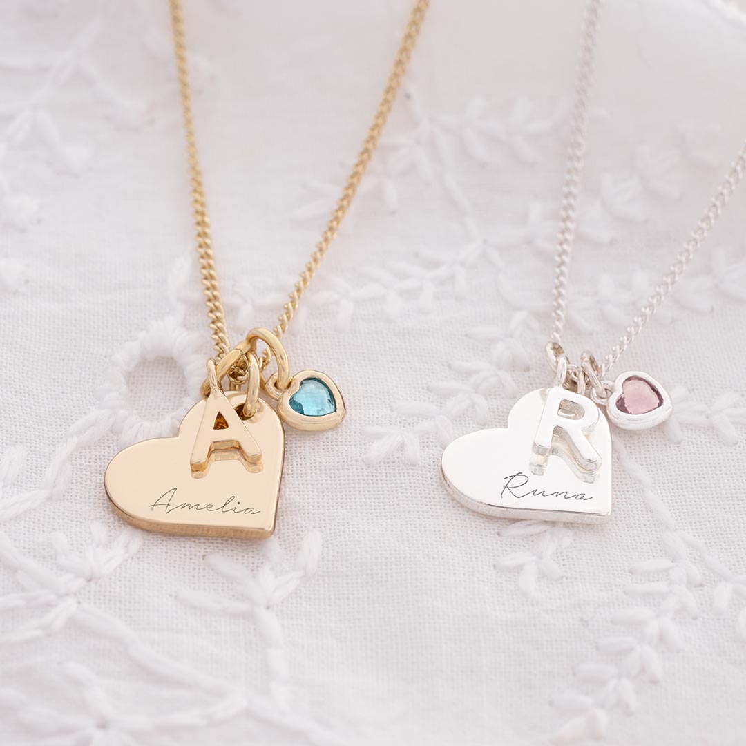 heart charm necklace with letter and birthstone available in silver or champagne gold