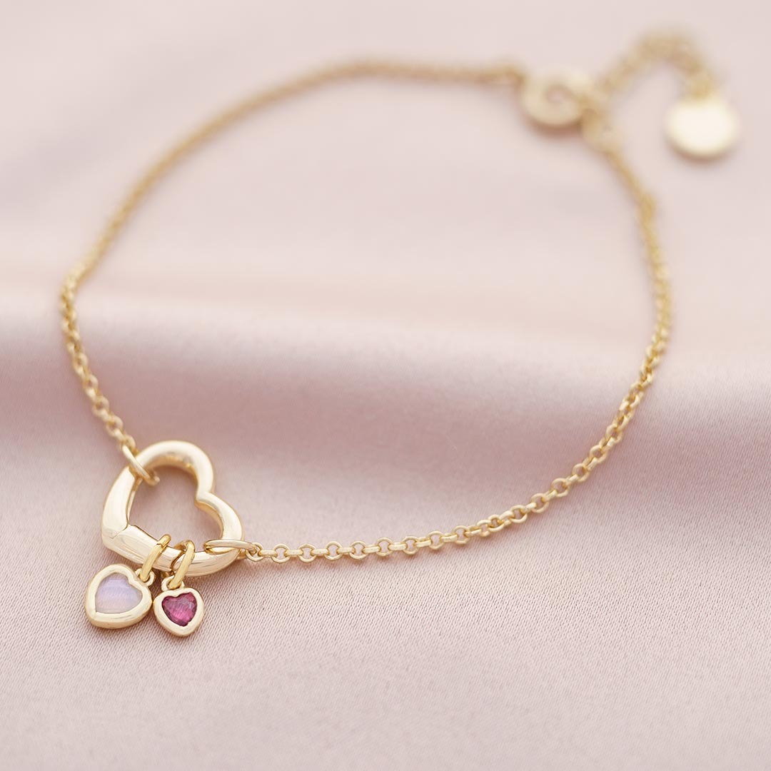 champagne gold plated heart clasp and heart birthstone charm bracelet