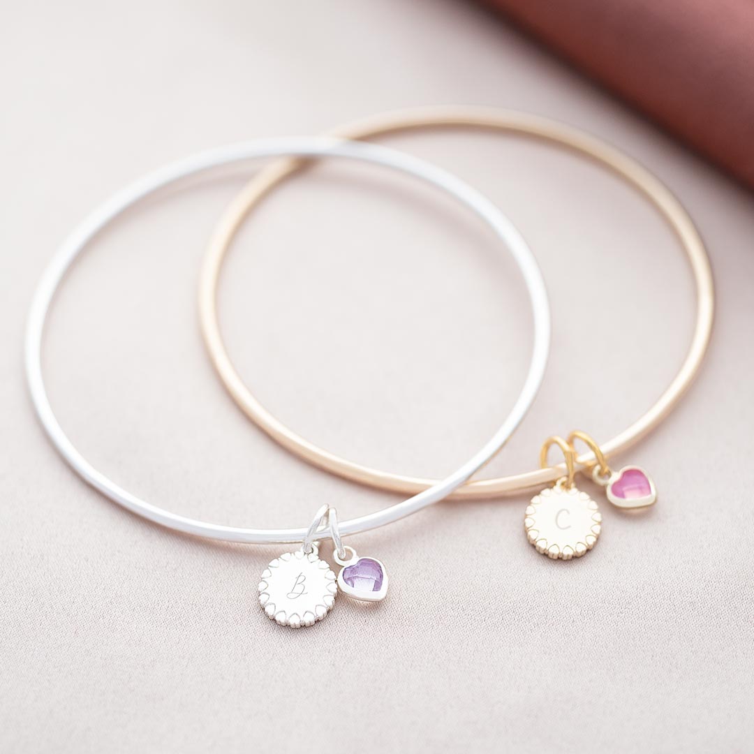 Heart Edge Disc and Heart Birthstone Personalised Initial Bangle available in silver plated and champagne gold plated