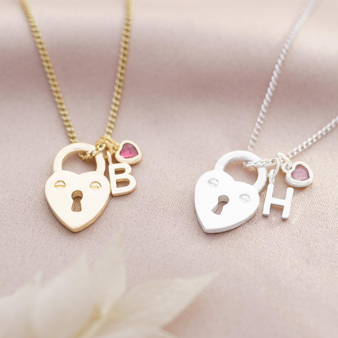 Heart Lock, Letter and Heart Birthstone Charm Personalised Necklace