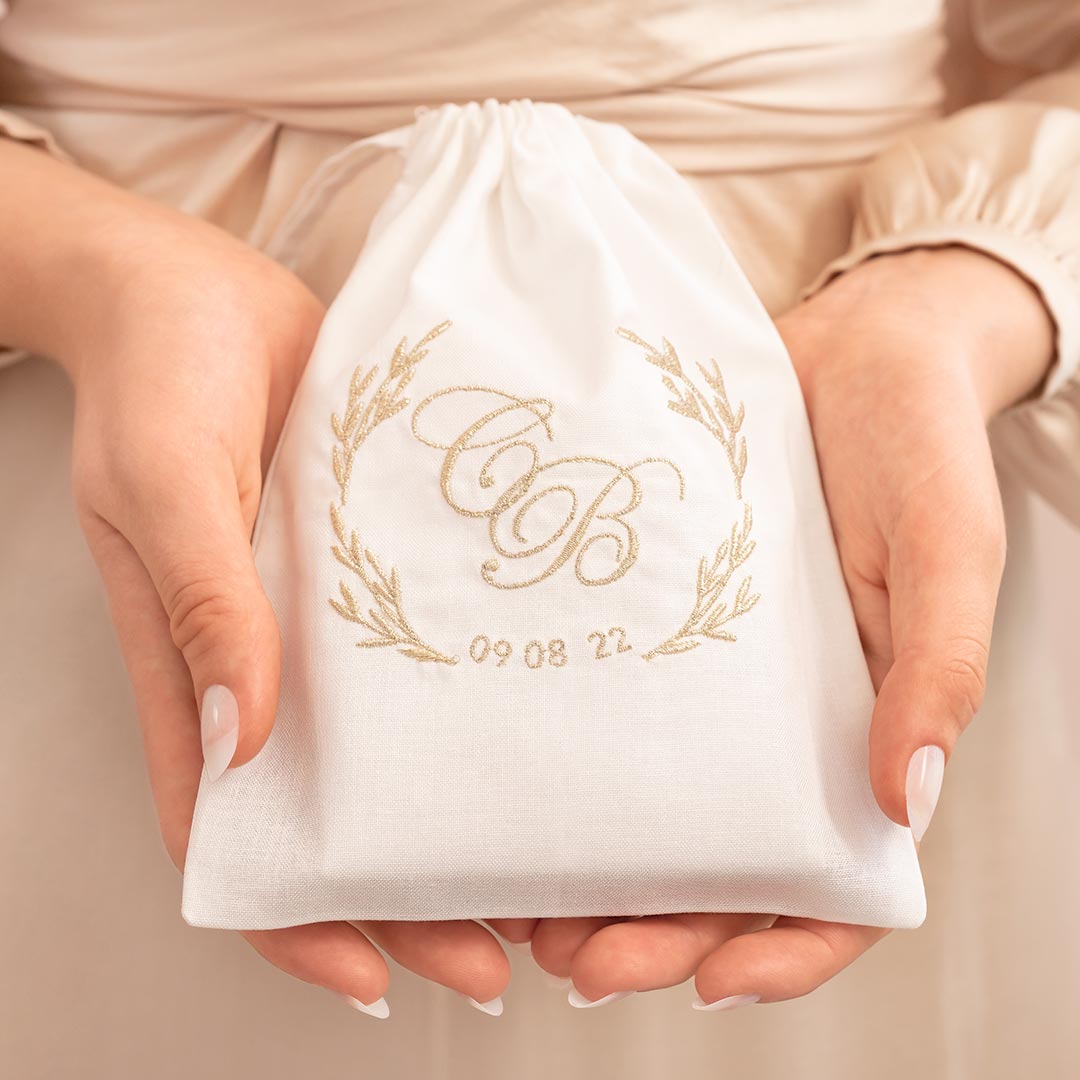 Initial and Date Luxury Embroidered Wedding Personalised Gift Pouch