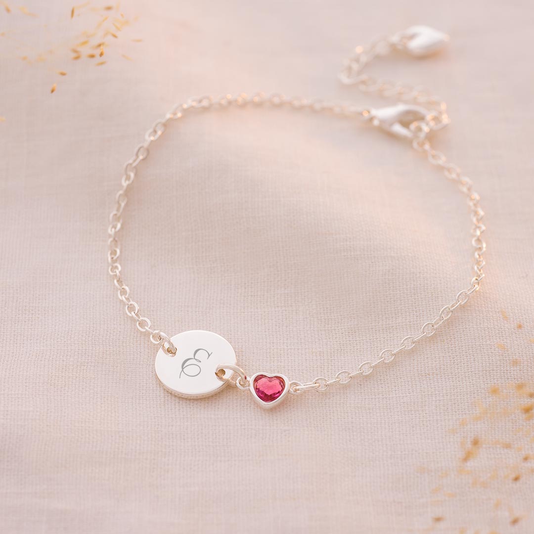 gold plated sterling silver initial disc and heart birthstone personalised bracelet