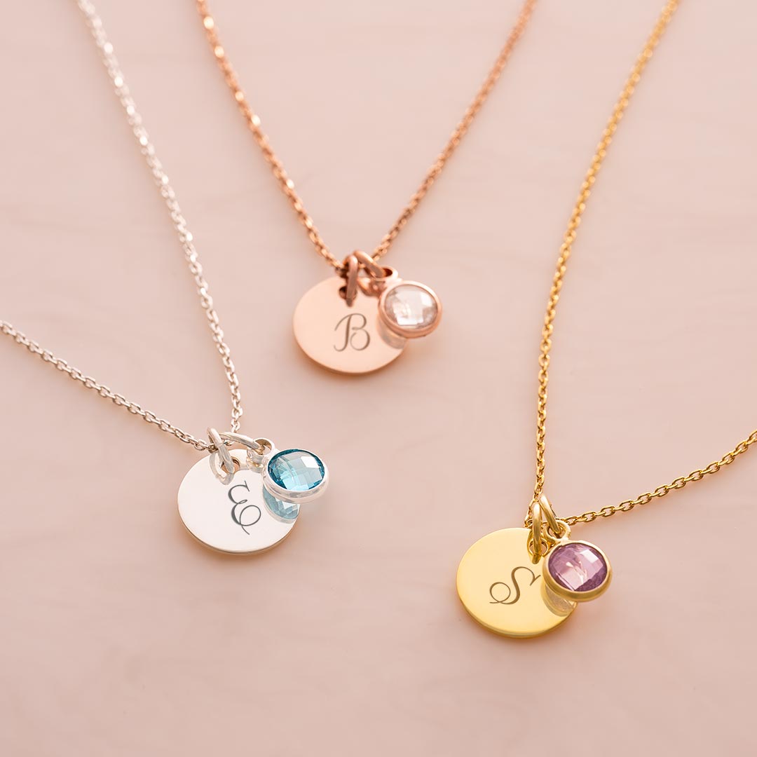 Personalised Sterling Silver Initial Birthstone Necklace