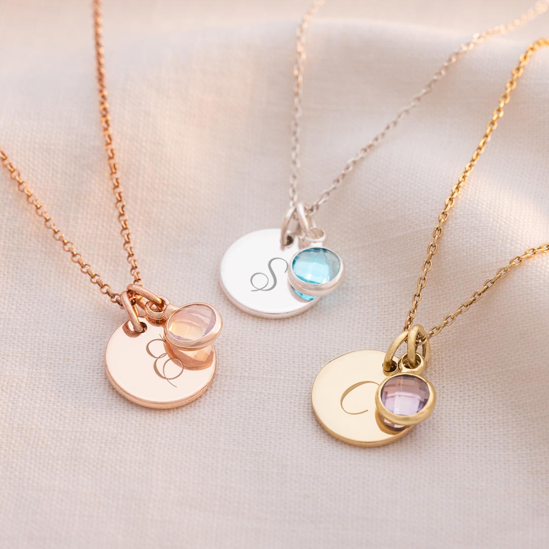 Sterling Silver, Gold Plated Sterling Silver and Rose Gold Plated Sterling Silver Initial Disc Necklace with Birthstone