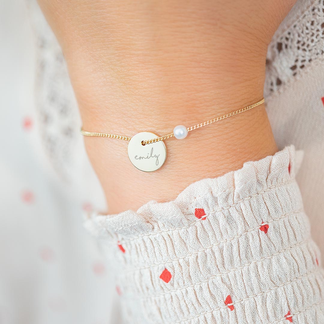Champagne Gold Jessie Personalised Initial Disc And Pearl Bracelet
