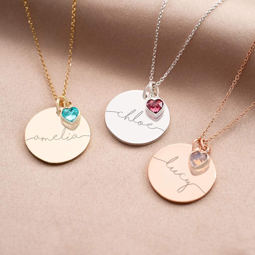 Sterling Silver Large Esme and Heart Birthstone Personalised Name Necklace