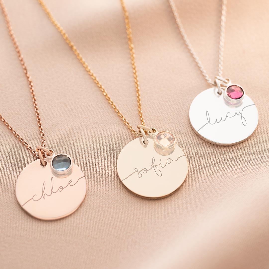 Personalised Gold Plated Sterling Silver Name Disc Necklace with Birthstone