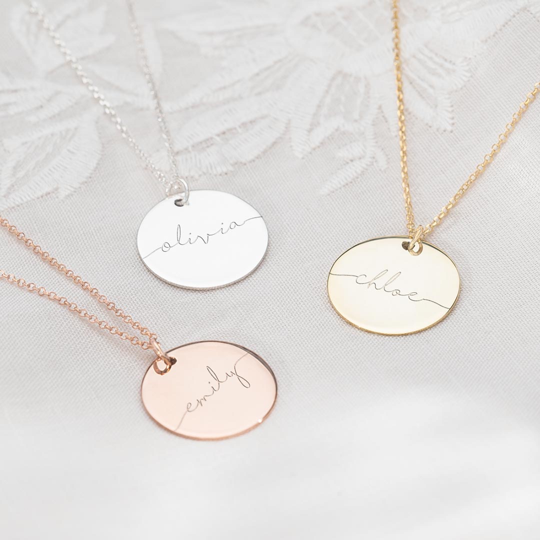 Large Name Disc Pendant Available in three colourways; Silver, Gold and Rose Gold