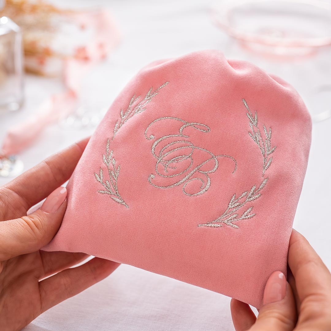 Luxury Embroidered Initials and Wreath Suede Gift Pouch
