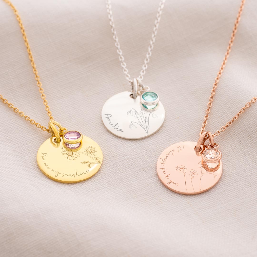 silver, rose gold and champagne gold meaningful flower and birthstone personalised message necklace
