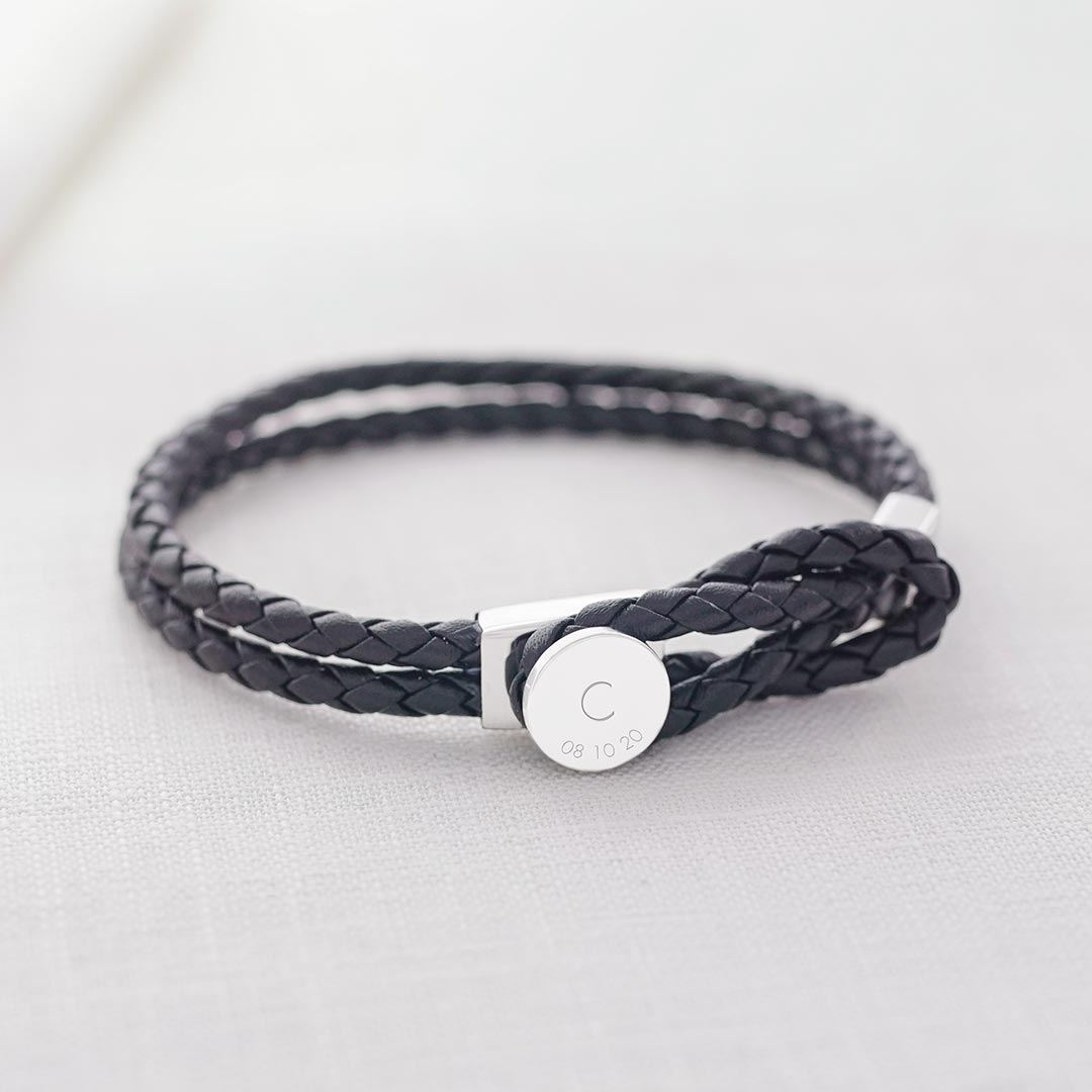 mens leather initial and date bracelet