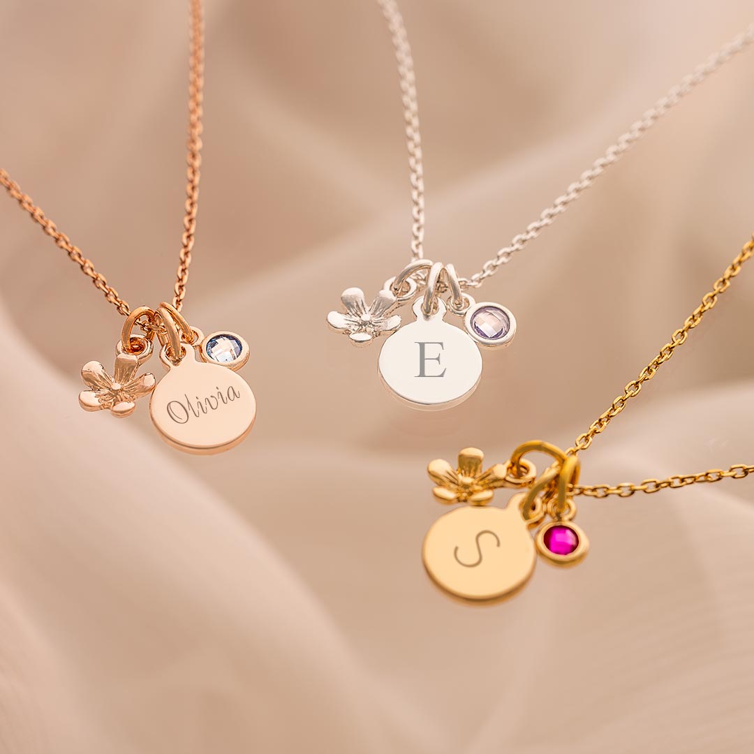 micro flower, disc and birthstone necklace available in silver, gold or rose gold
