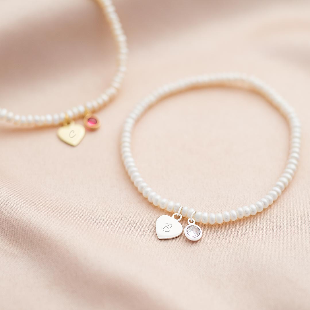Heart and Birthstone Delicate Pearl Personalised Bracelet Flower Girl Gift Set