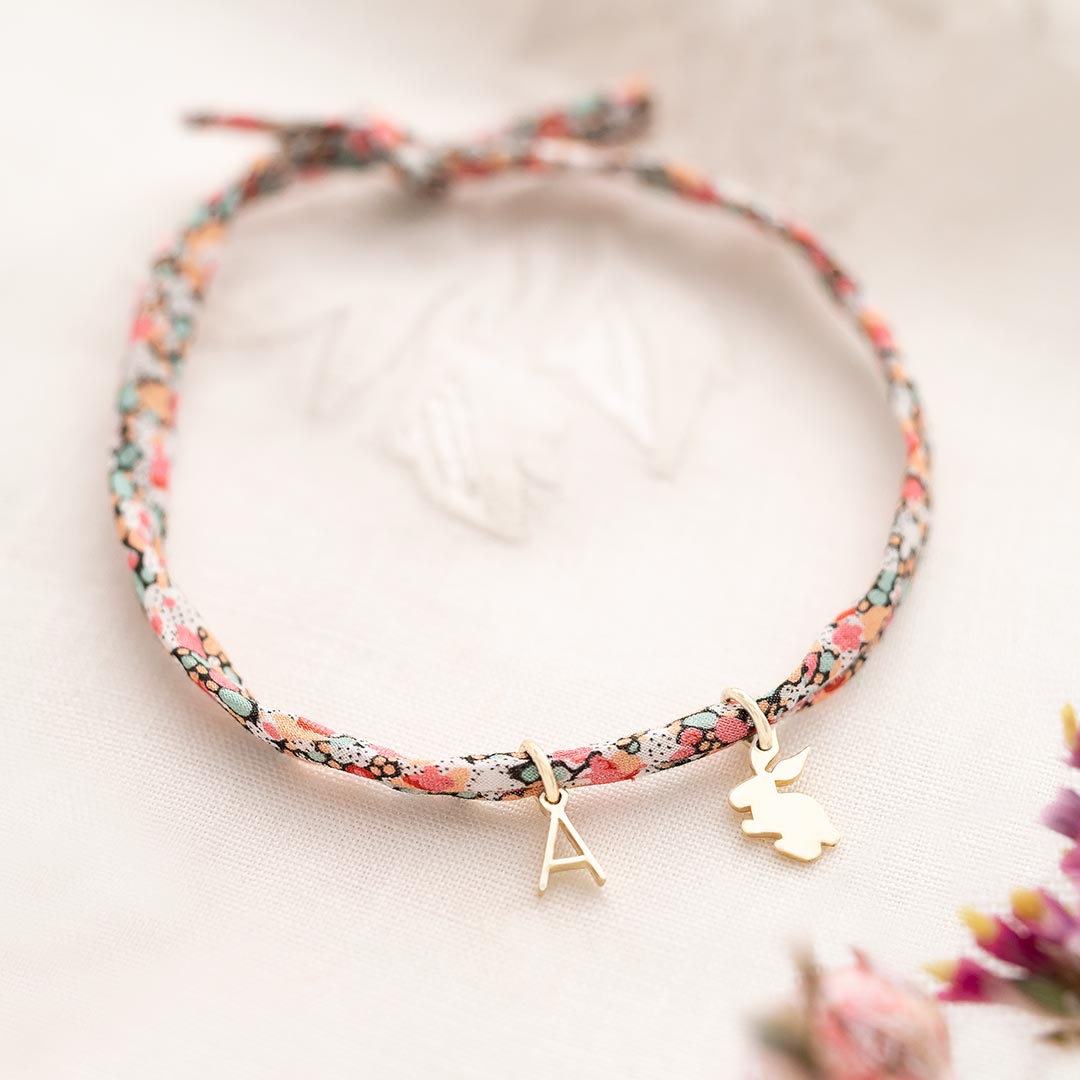 Liberty Print Bunny and Letter Charm Personalised Bracelet
