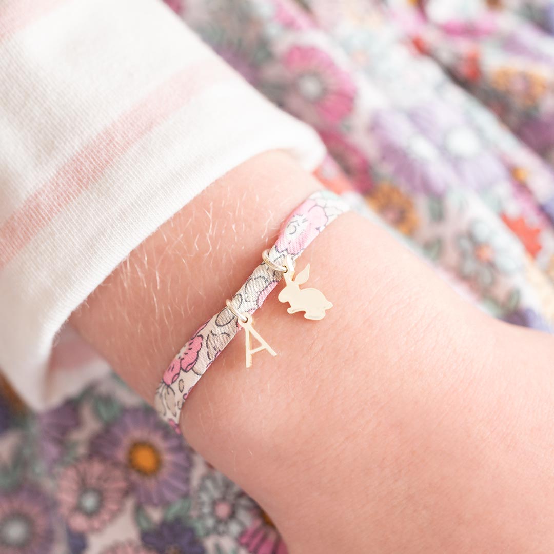 Mini Liberty Print Bunny and Letter Charm Personalised Bracelet in Gold Plated Sterling Silver