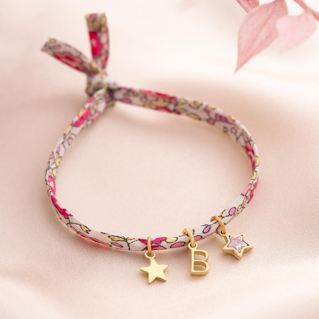 Liberty Print Star, Letter and Star Birthstone Personalised Bracelet