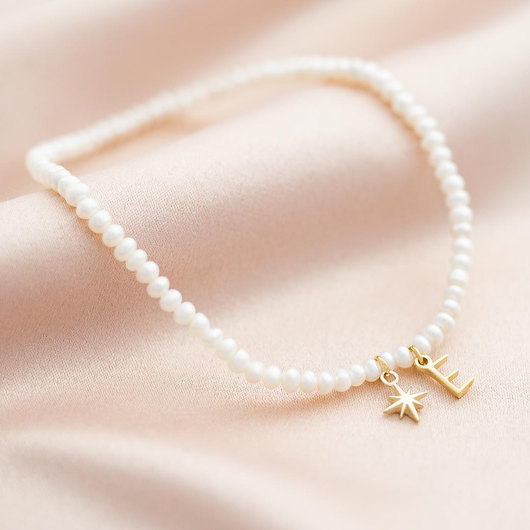 Sterling Silver North Star and Letter Delicate Pearl Personalised Bracelet