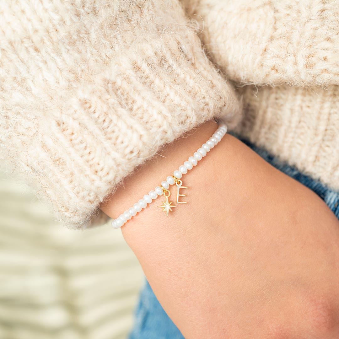 Mini North Star and Letter Delicate Pearl Personalised Bracelet in Gold Plated Sterling Silver 