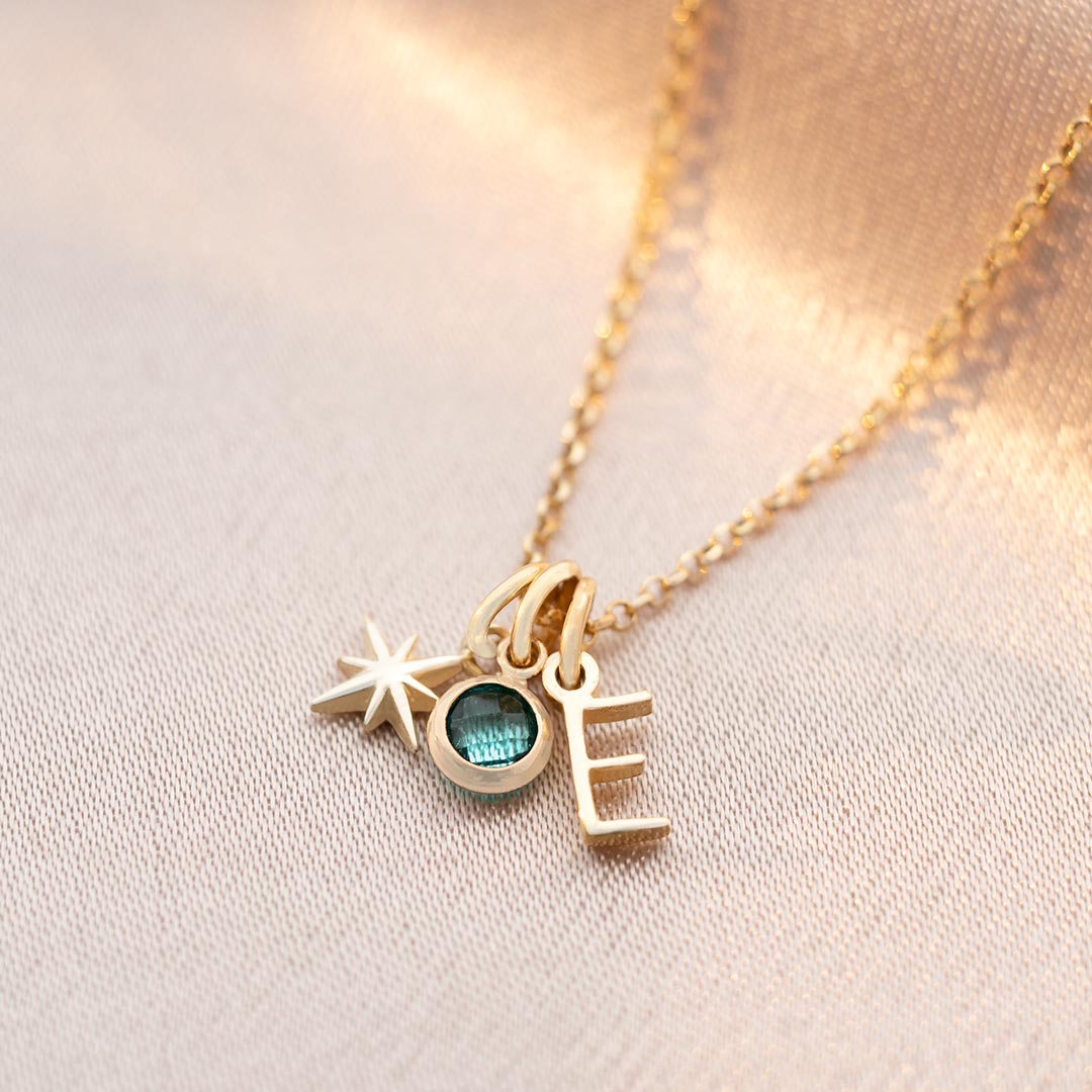 Sterling Silver North Star, Letter and Birthstone Personalised Necklace