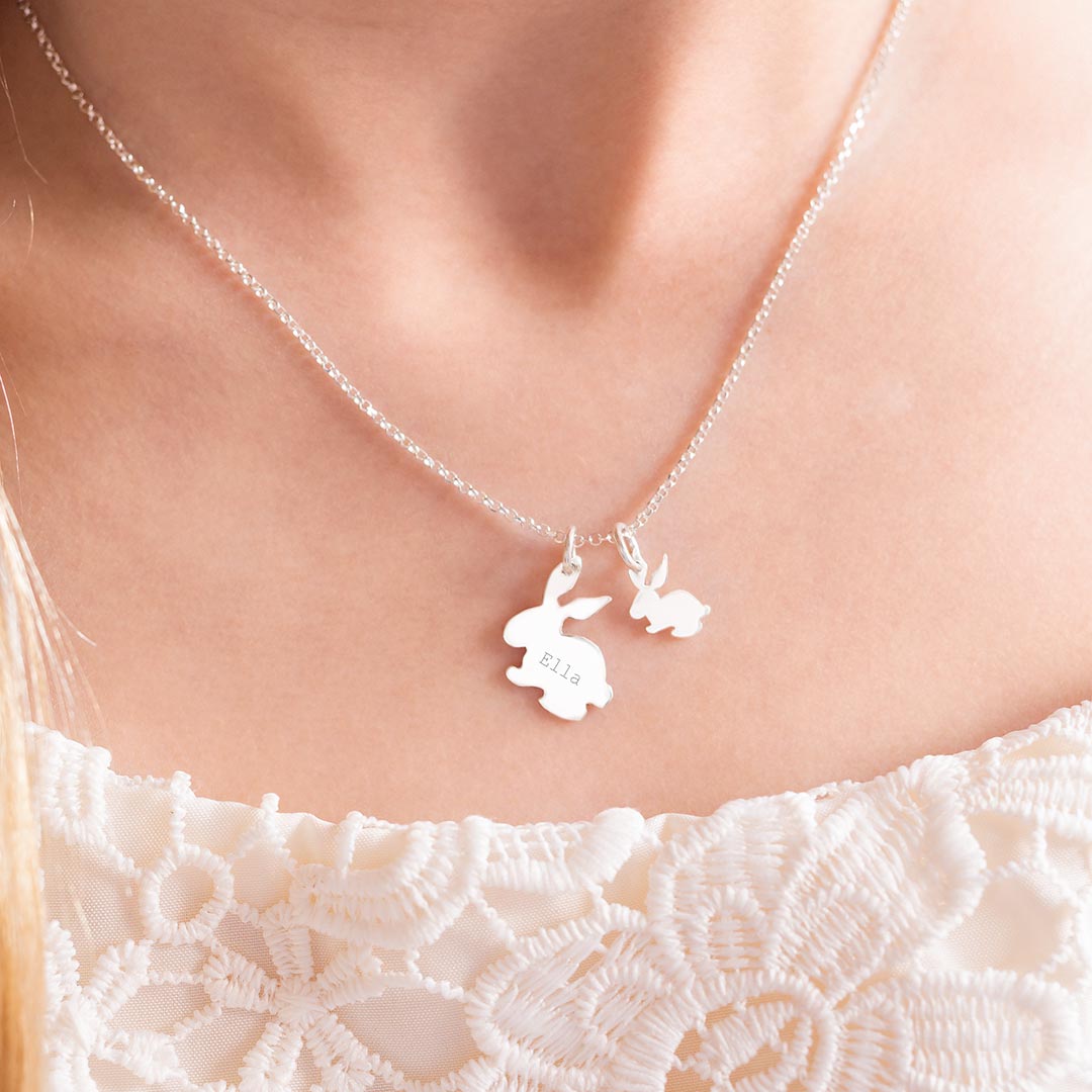 Mini Sterling Silver Family Bunny Personalised Necklace in Gold Plated Sterling Silver and Classic Style Name