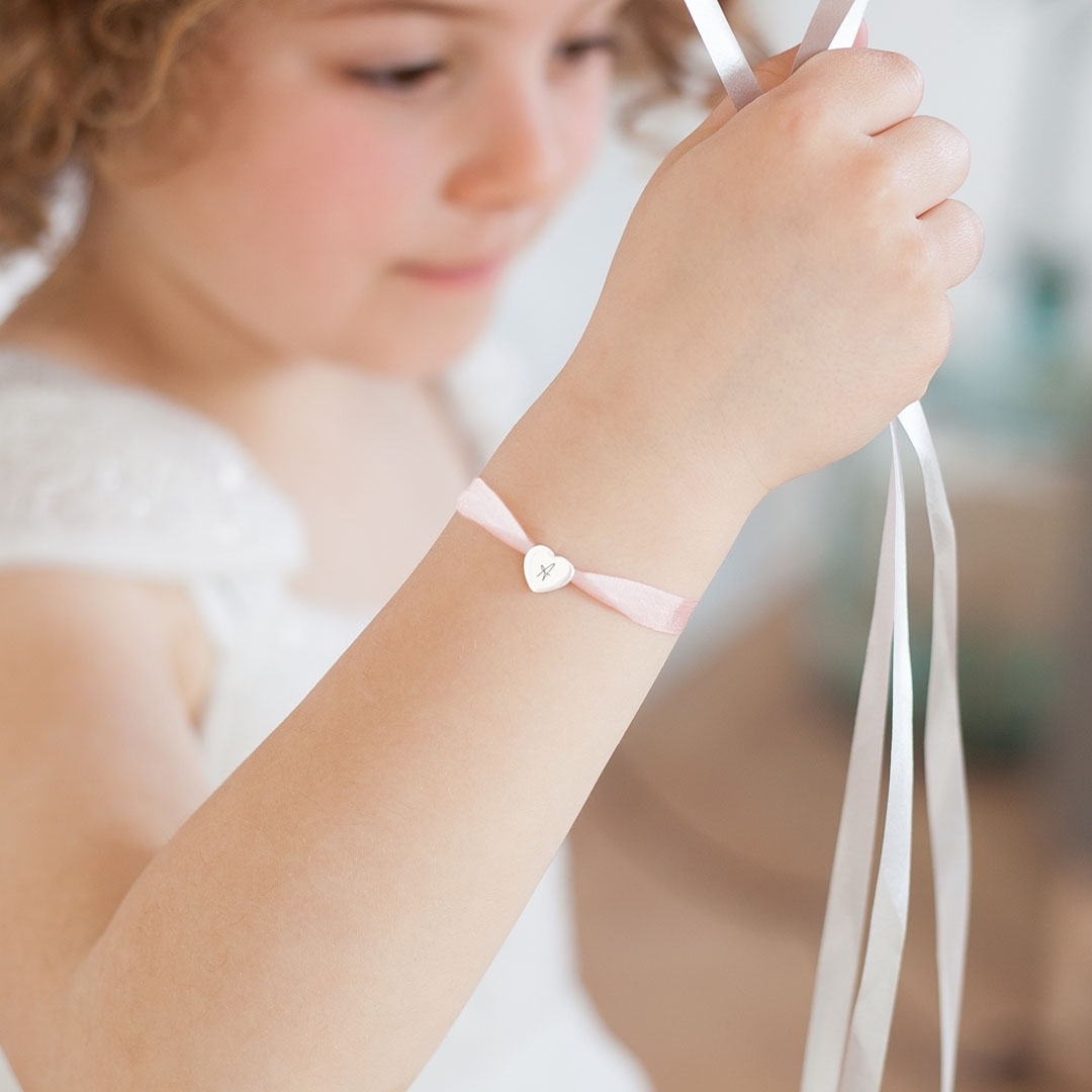 Mini Initial Heart Silk Ribbon Personalised Sterling Silver Child's Bracelet