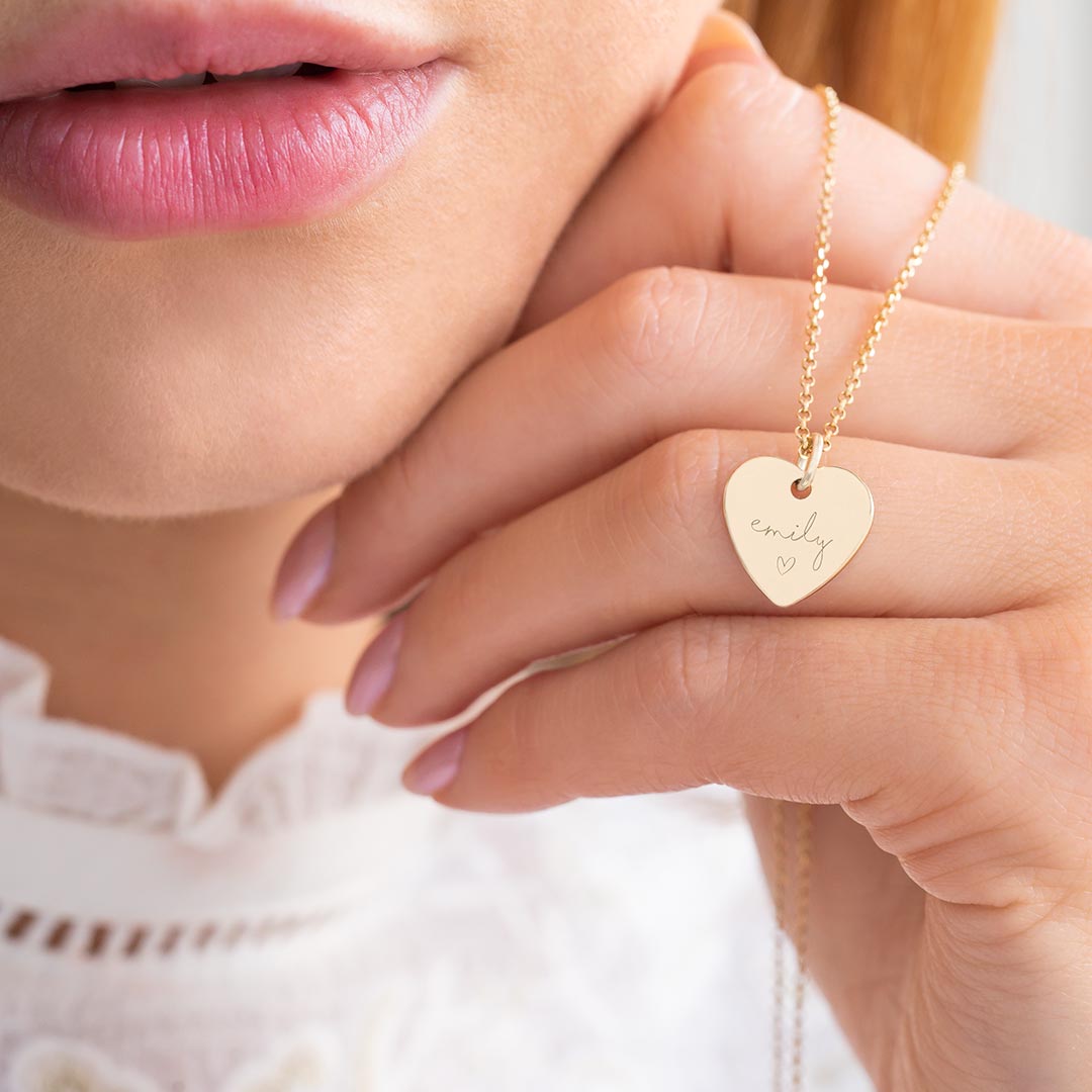 gold plated sterling silver heart charm personalised with a modern script name and illustration