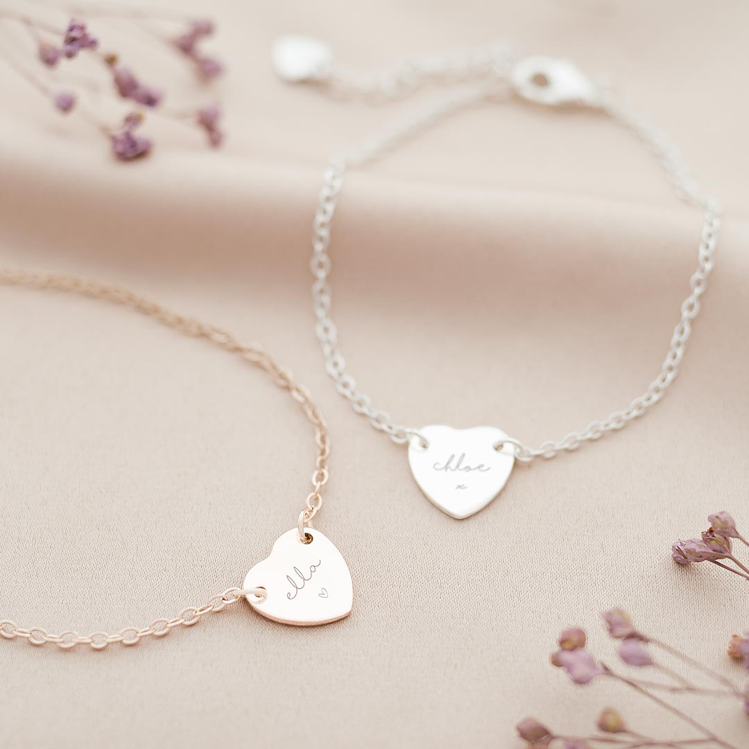 modern script and illustration heart bracelet available in sterling silver and rose gold plated sterling silver