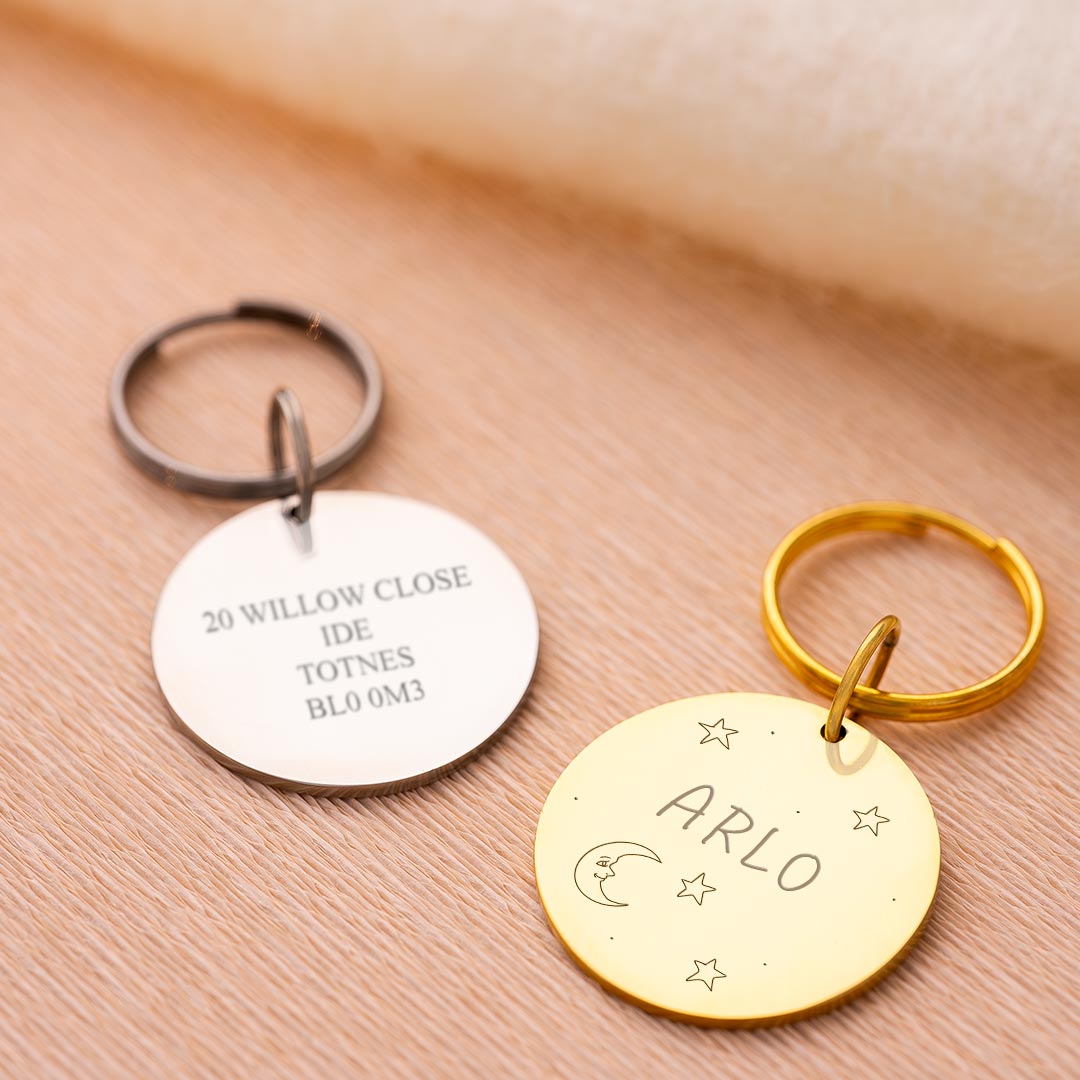 moon and stars pet tag available in silver and champagne gold