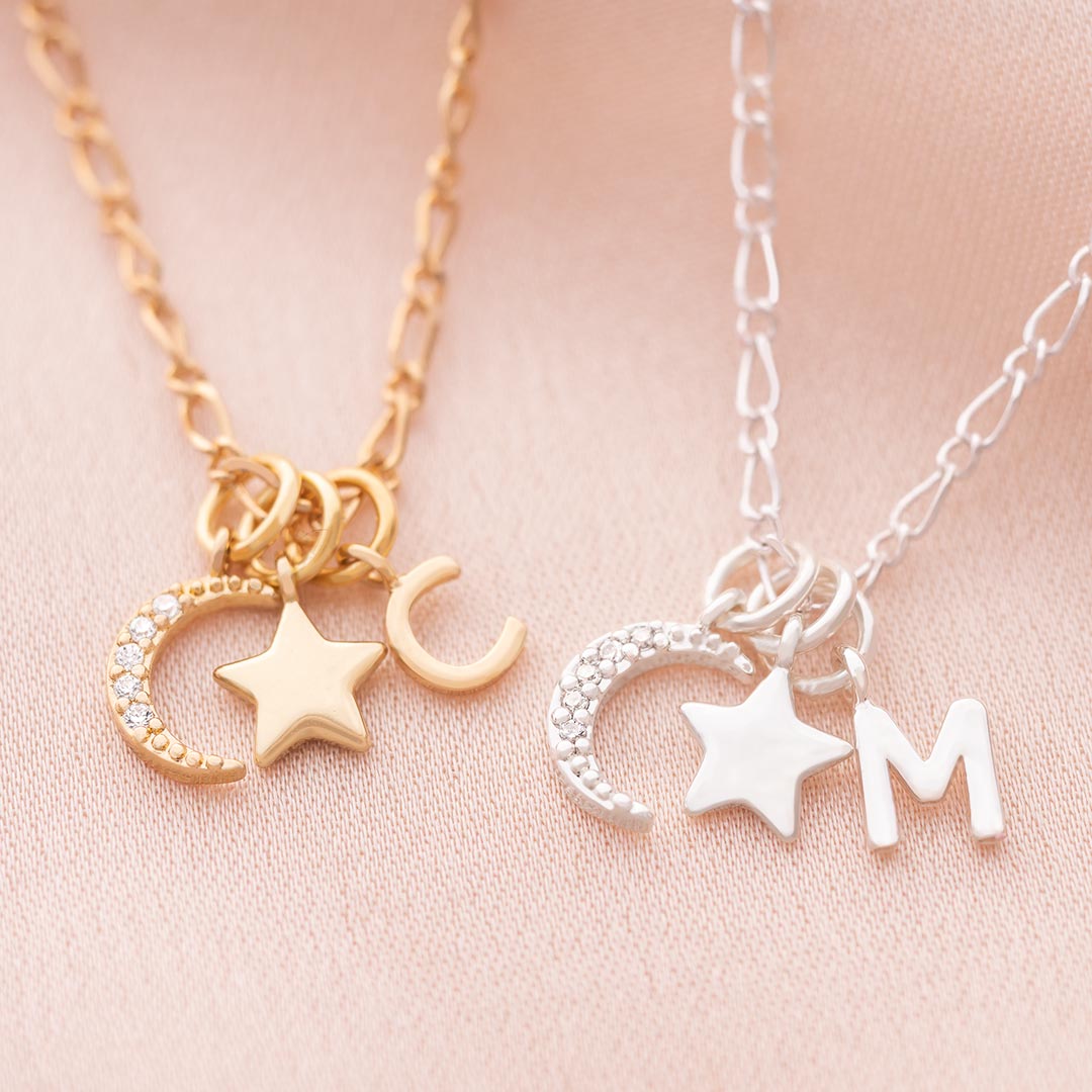 champagne gold and silver plated moon, star and letter charm necklace