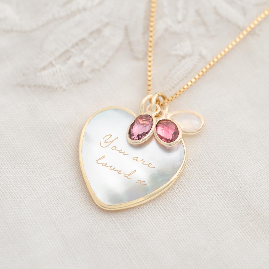 gold plated sterling silver mother of pearl heart and oval birthstone necklace