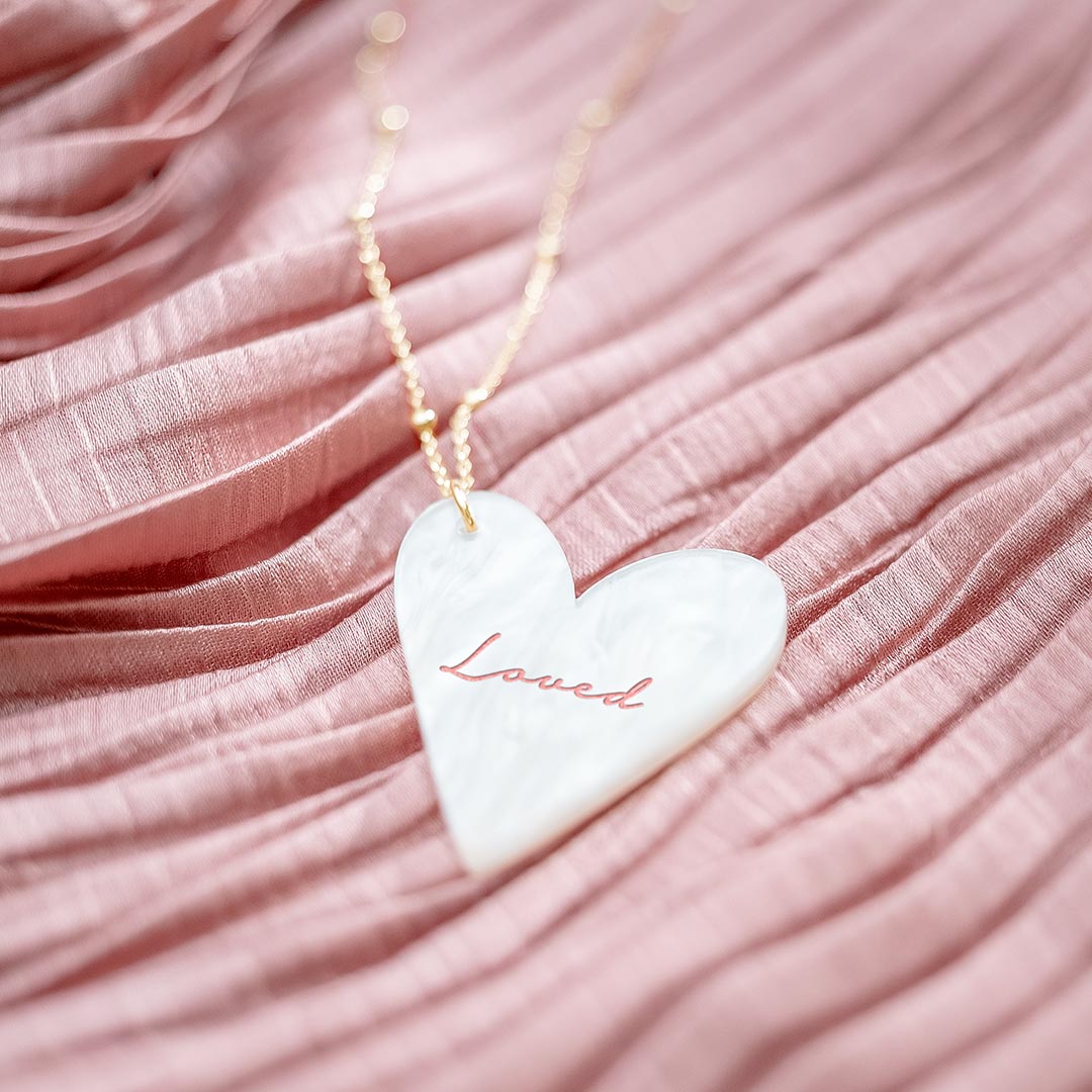gold Plated Sterling Silver Satellite Chain with Acrylic "Mother Of Pearl" Heart Personalised Necklace