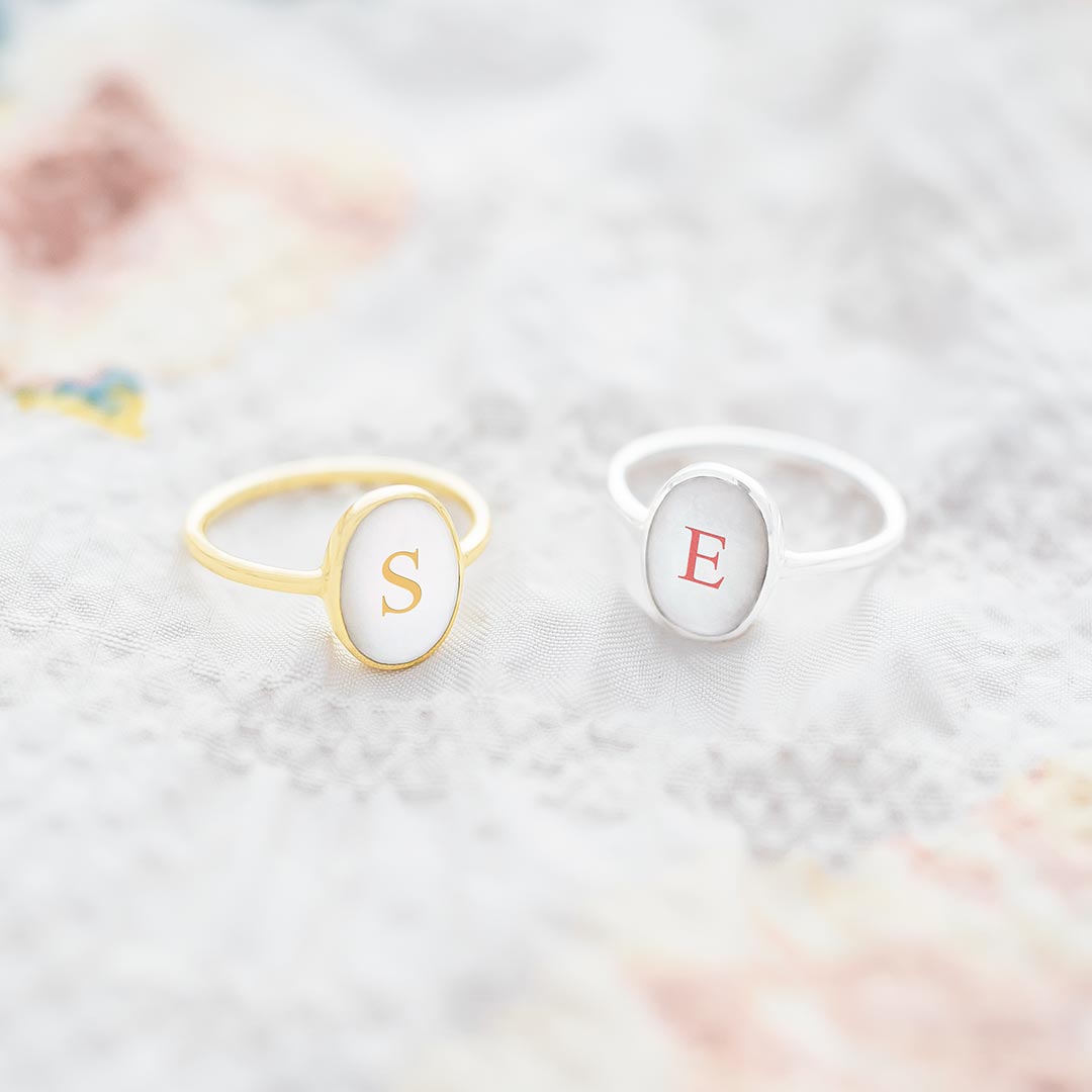 Mother of Pearl Personalised Initial Oval Ring