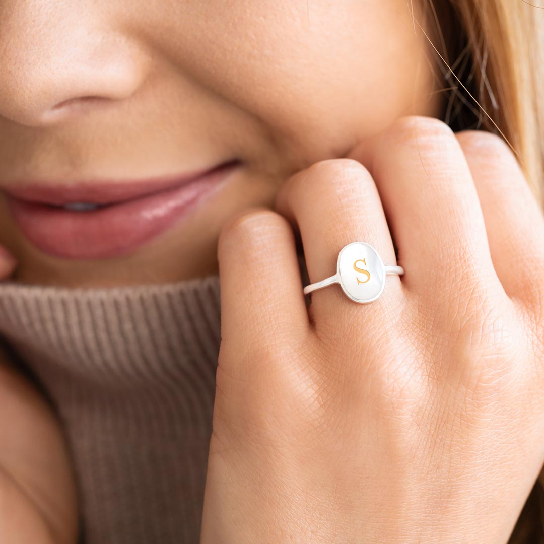 Mother of Pearl Personalised Initial Oval Ring