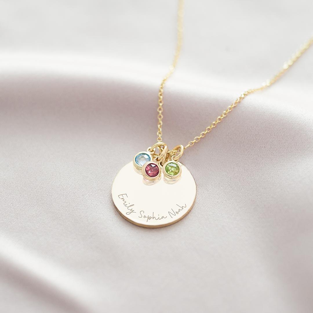 Gold Plated Disc Necklace with Mini Birthstones and Personalised Message