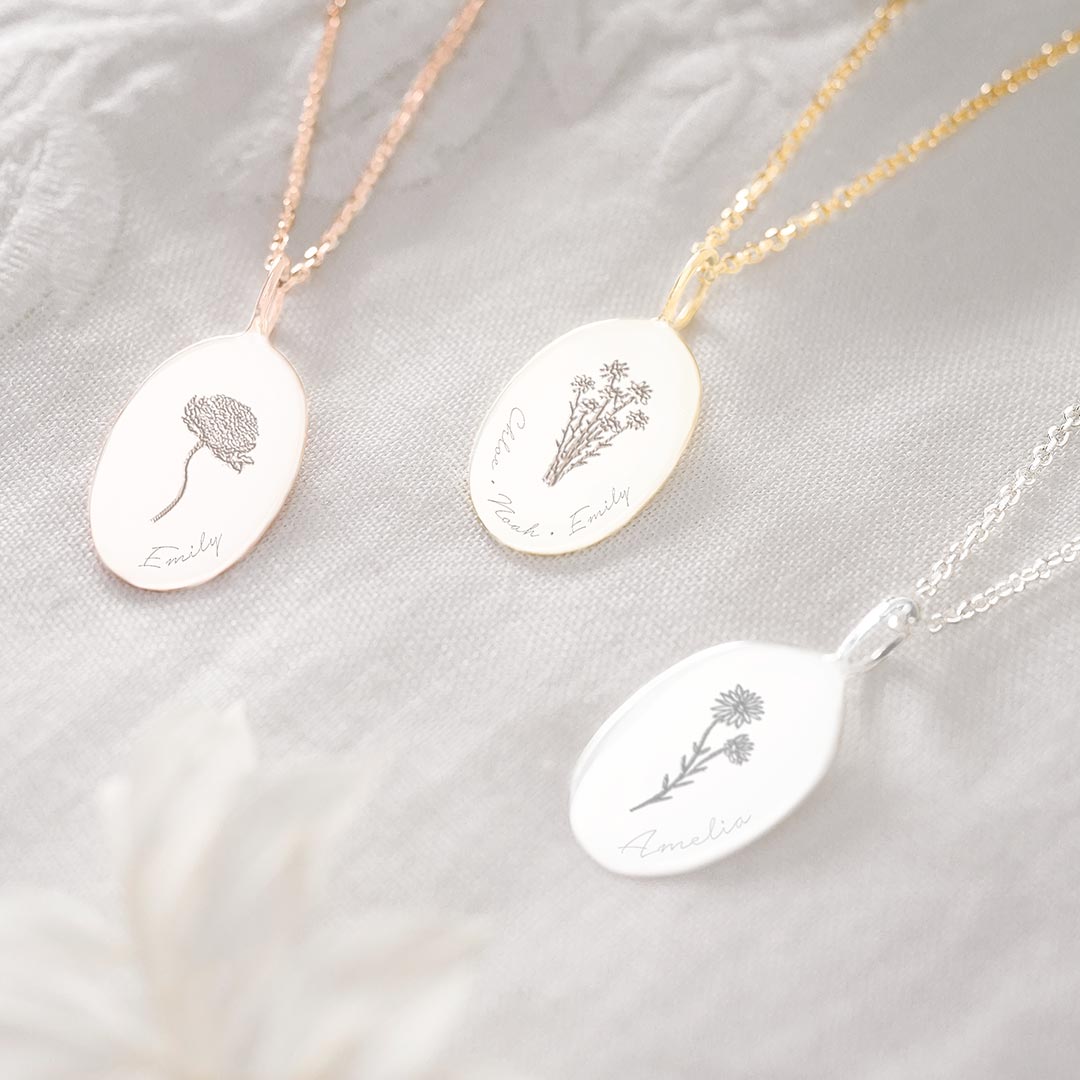 name and birth flower oval disc charm in silver, rose gold and gold plated