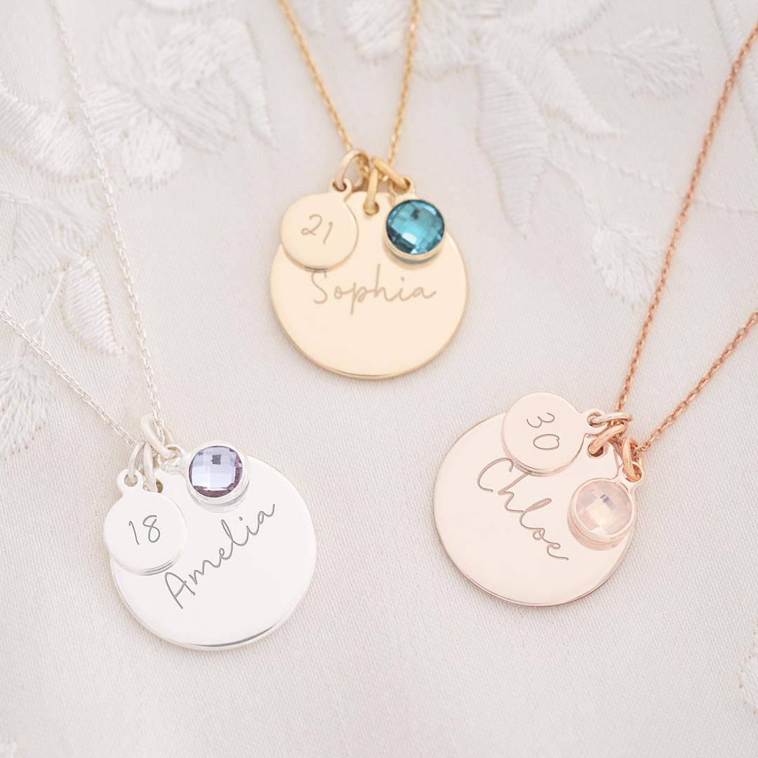 birthday disc personalised name necklace available in silver, rose gold and gold