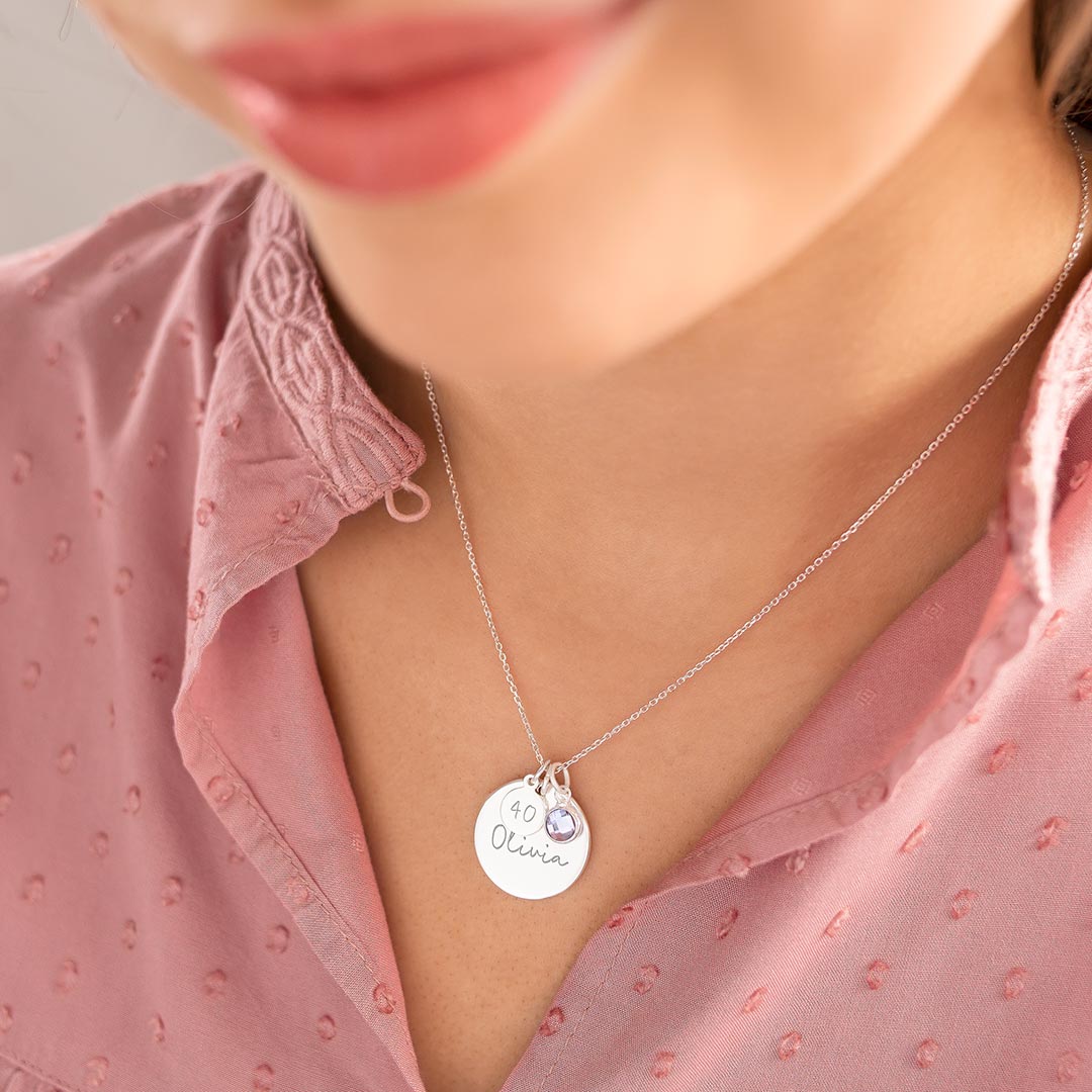 sterling silver 40th birthday disc and birthstone necklace