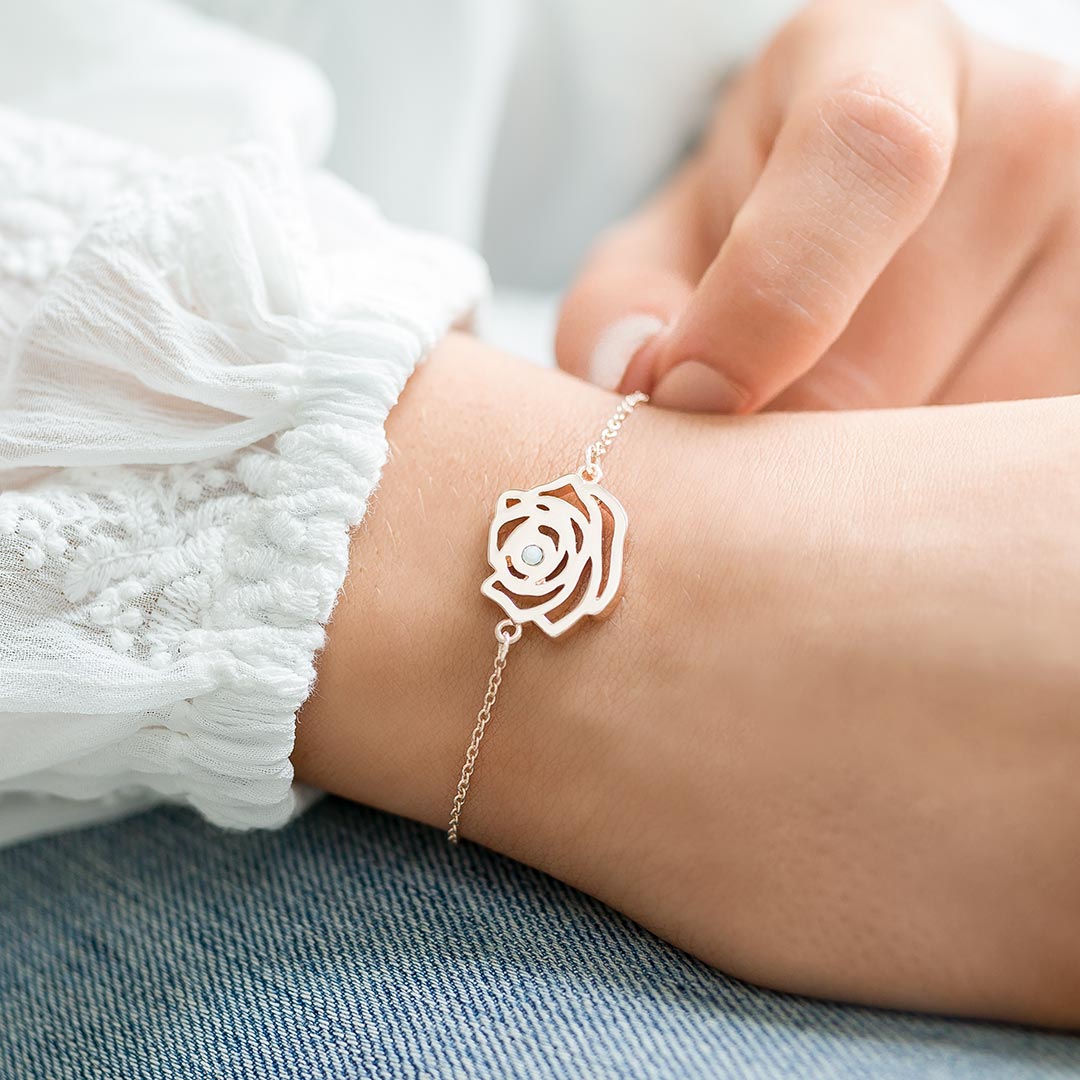 June- Rose, and Moonstone Birthstone Personalised Birth Flower Bracelet in Rose Gold 