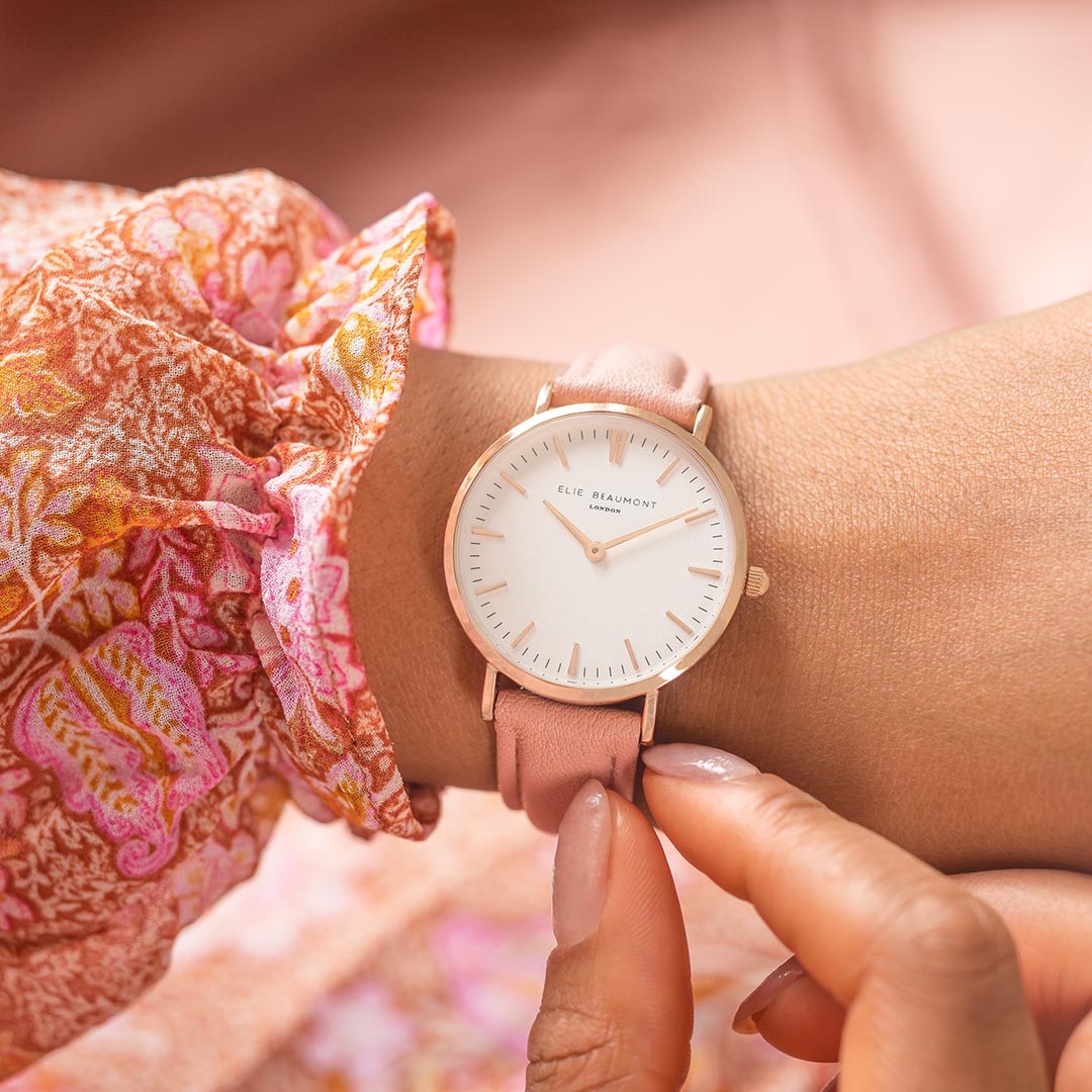 Cassia Ladies watch with a pink strap and rose gold surround