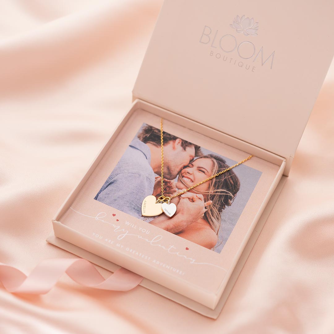 champagne gold plated double heart necklace in luxury ribbon-tied gift packaging and personalised photo gift card