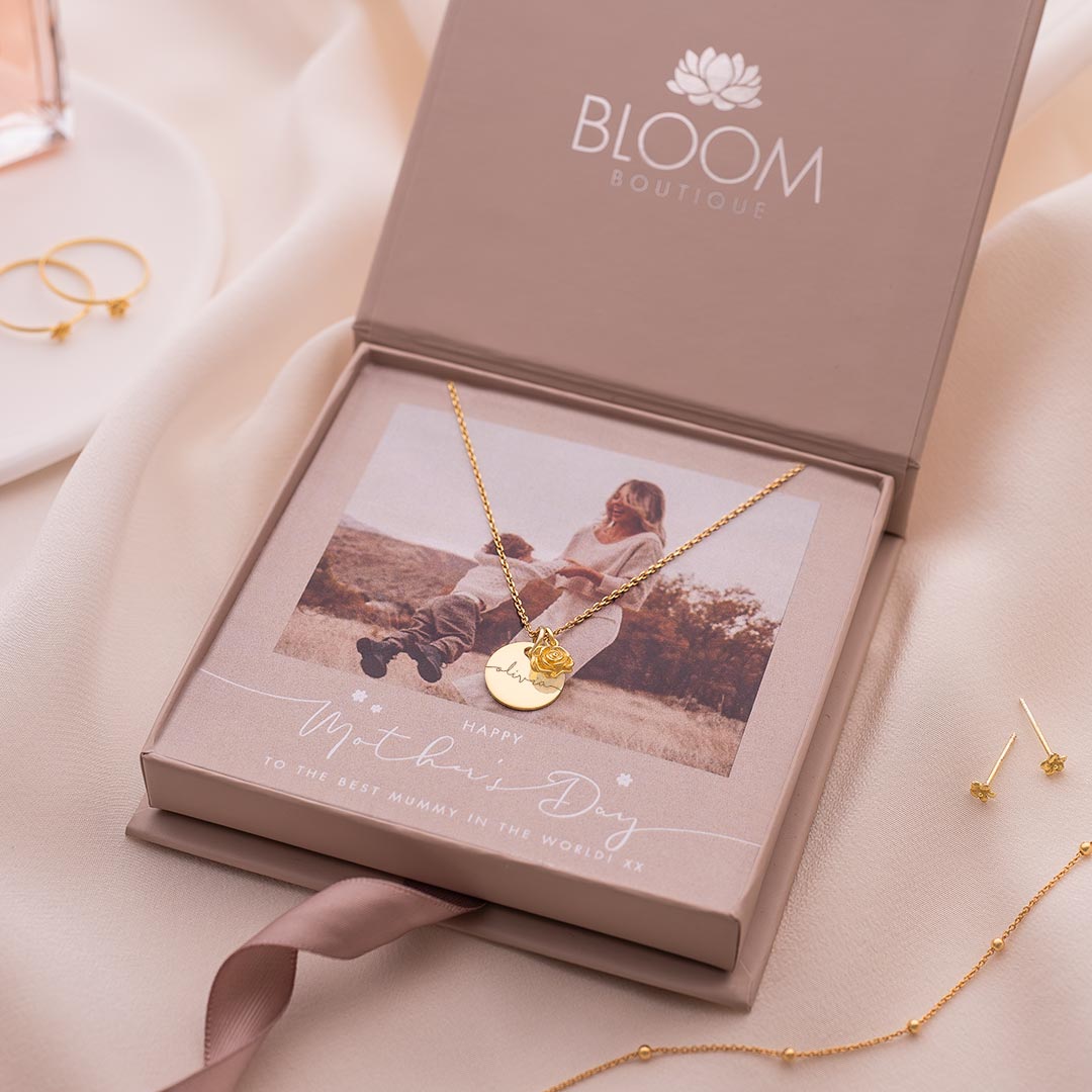 Personalised Esme Gold Plated Sterling Silver Initial Birth Flower Necklace Photo Gift Set