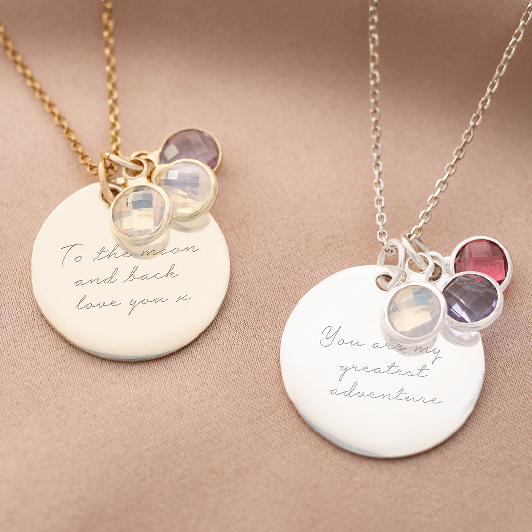 Rose Gold Disc Necklace Personalised With Message and Trio of Birthstones
