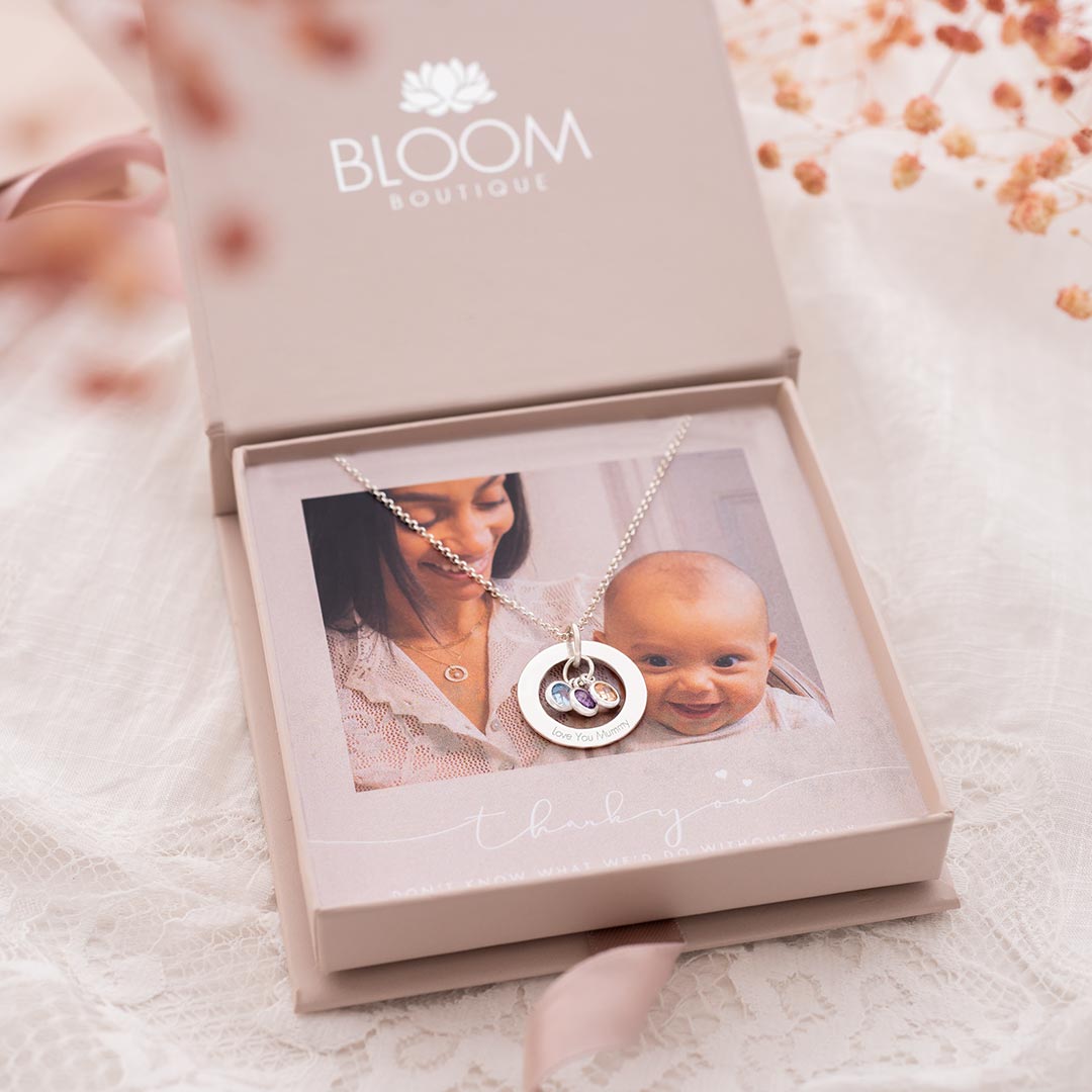 Personalised Family Eternal Ring and Birthstone Necklace Photo Gift Set