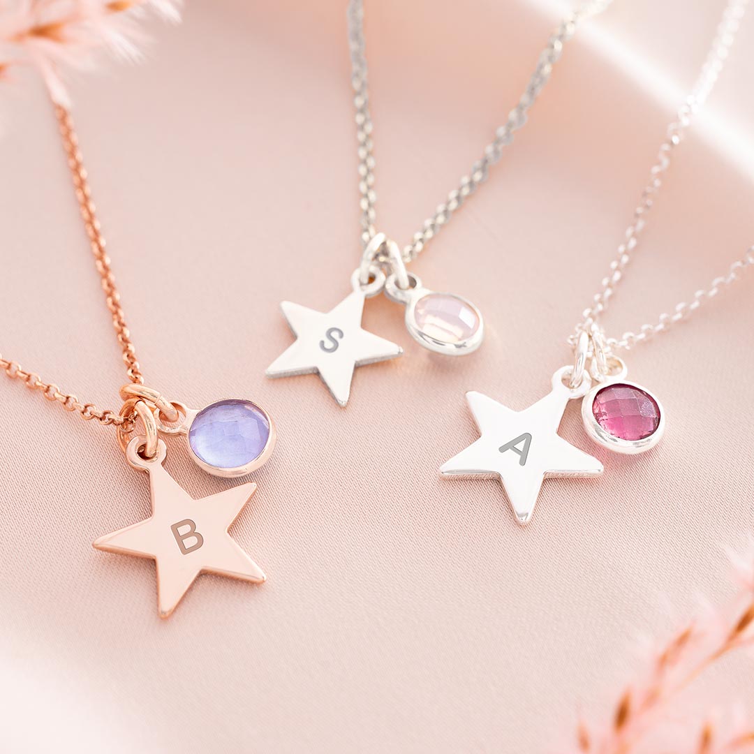 Personalised Initial Star And Birthstone Necklace