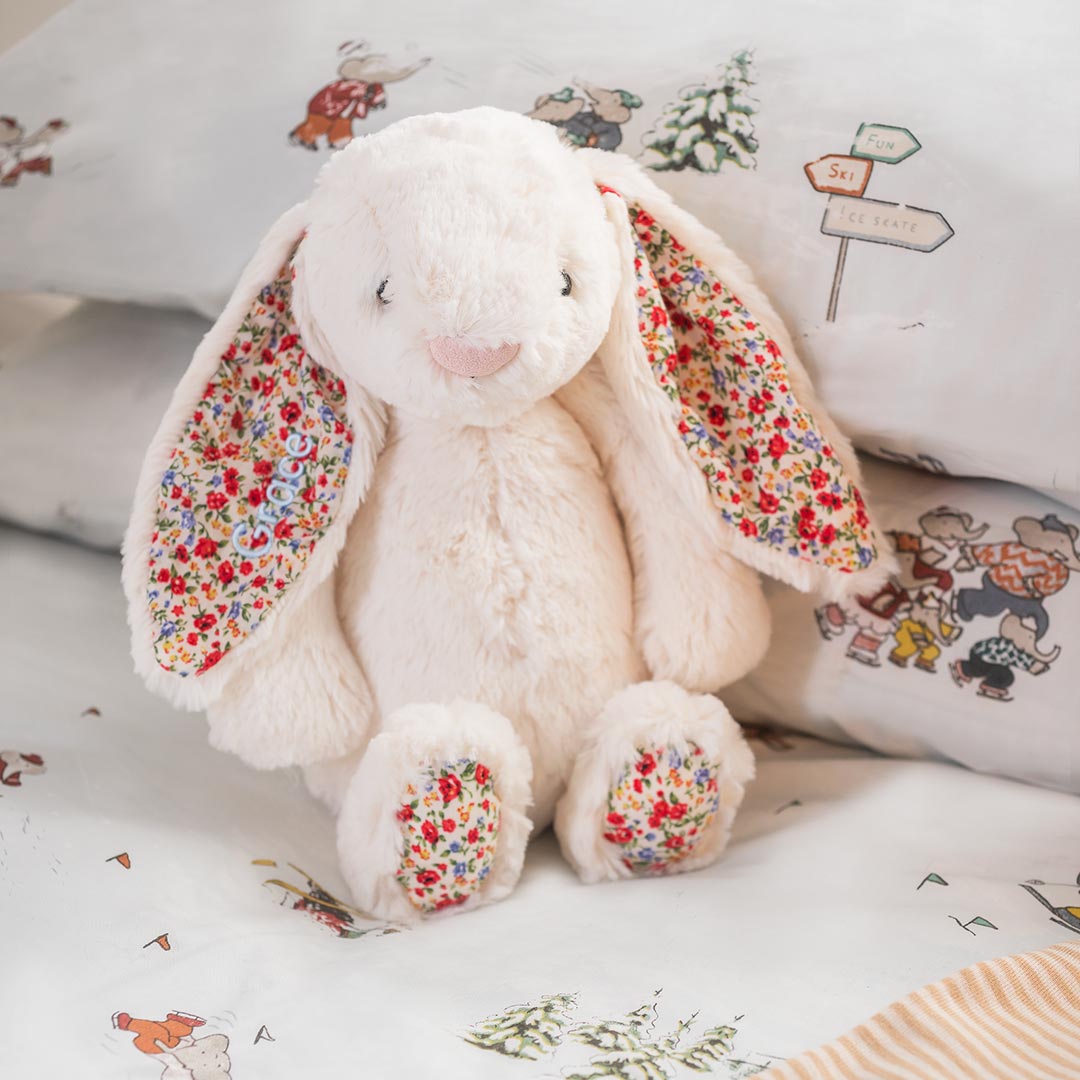 jellycat cream blossom bunny with embroidered name on bunny ear