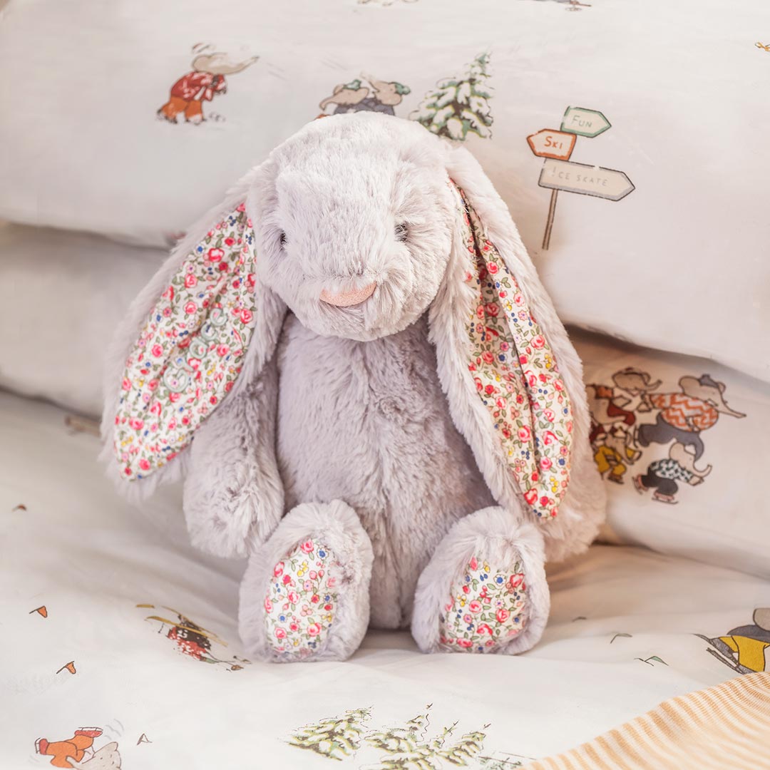 personalised jellycat silver blossom bunny with embroidered name on bunny ear