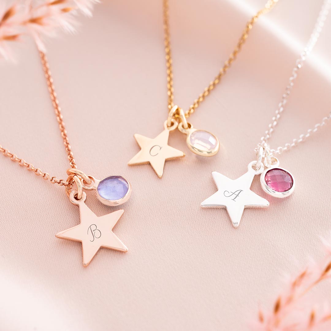 Personalised Star Birthstone Necklace in Rose Gold with a hand stamped initial