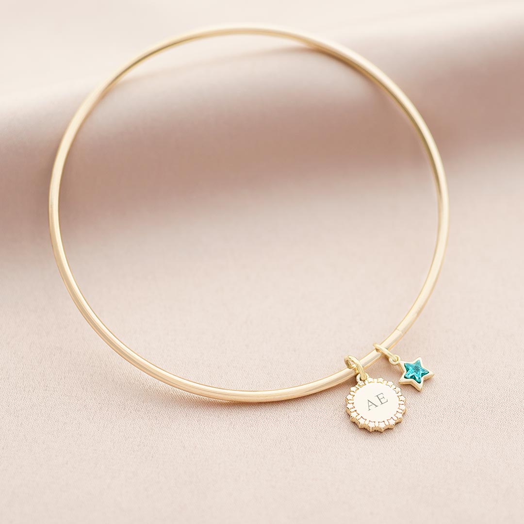 Star Edge Disc and Star Birthstone Personalised Initial Bangle